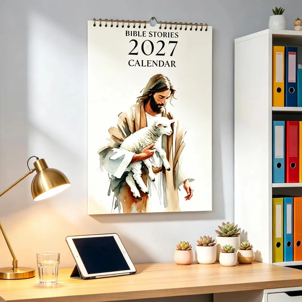 2027 Bible Stories Calendar Twin-Coil Binding Wall Monthly Calendar 12 Months with Tearable Papge for Home Wall Decoration