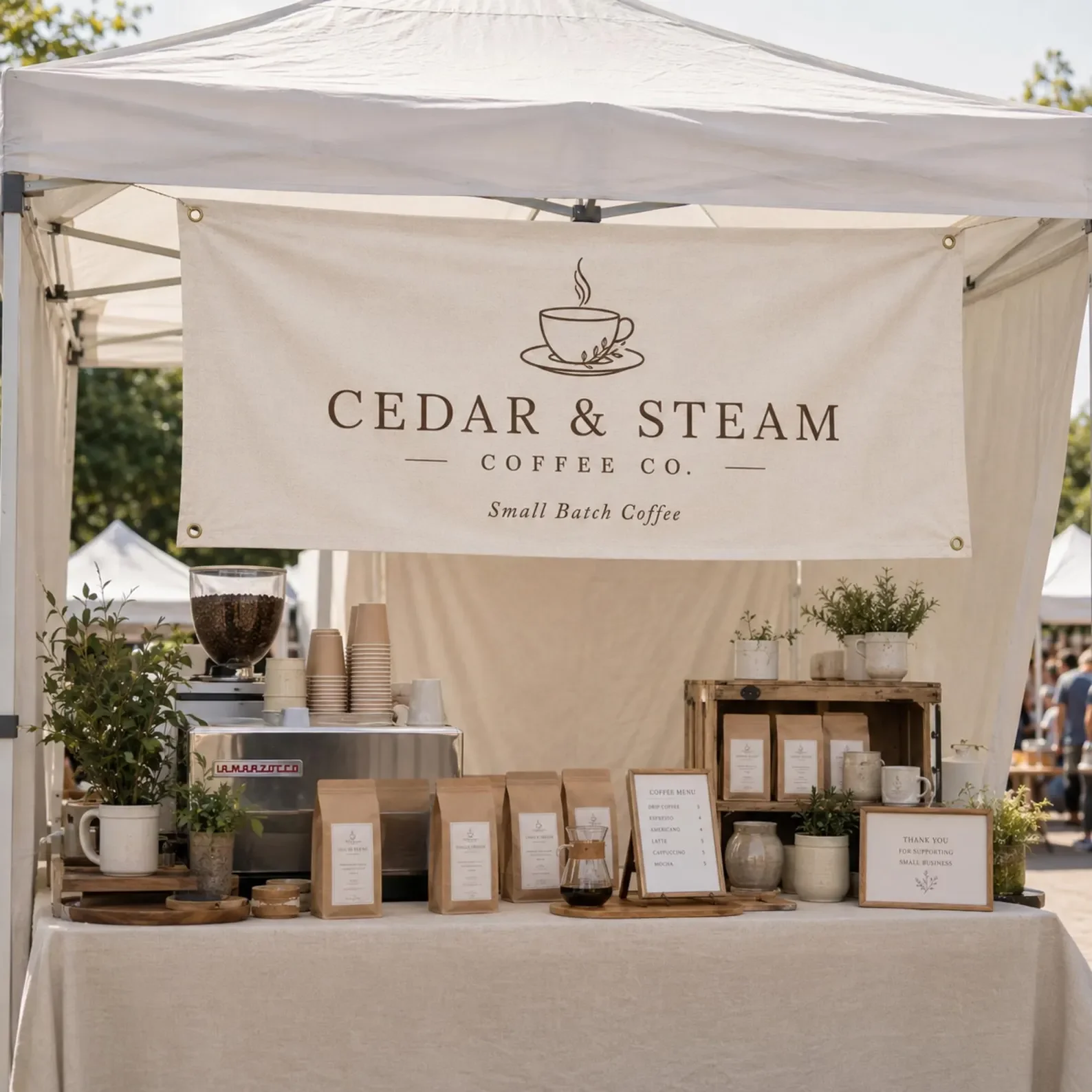 Custom Linen Vendor Booth Banner with Logo Personalized Market Stall Sign for Pop Up Canopy Craft Fair and Coffee Shop Display