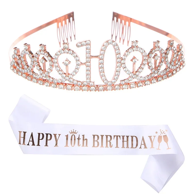 European and American New Style 10th Birthday Crown Ceremonial Belt Happy 10th Birthday Birthday Shoulder Strap Crown Scrunchies