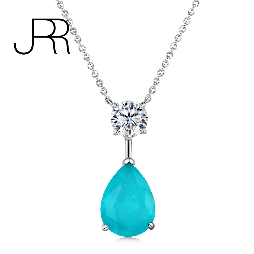 

JRR 100% S925 Sterling Silver 12*16mm Created Paraiba Water Drop Pendant Necklace For Ladies Sparkling Party Fine Jewelry