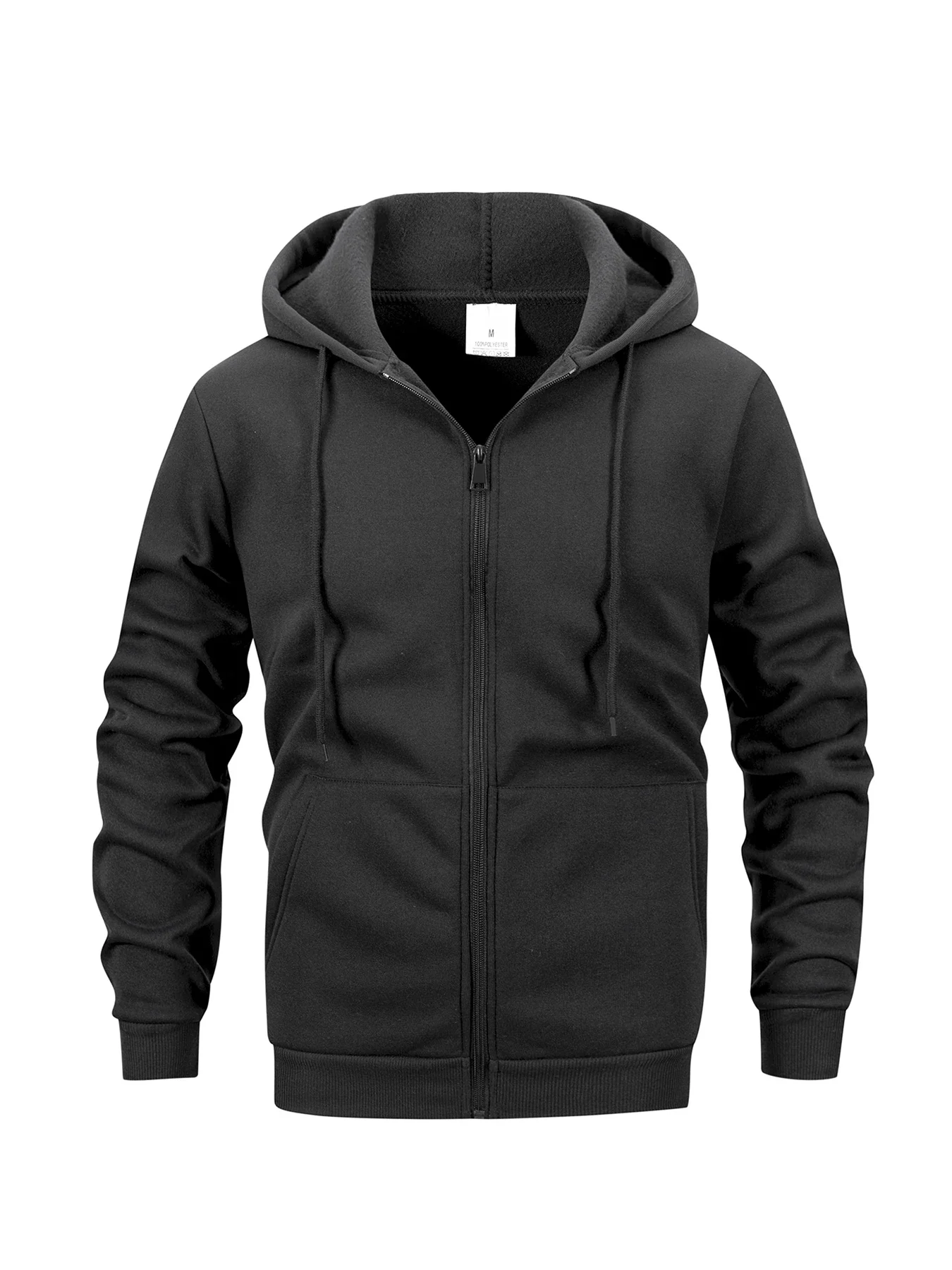 Men Autumn Winter Full Zip Hooded Coat Drawstring Hood Warm Casual Outerwear Rib Cuff Jacket With Front Pockets