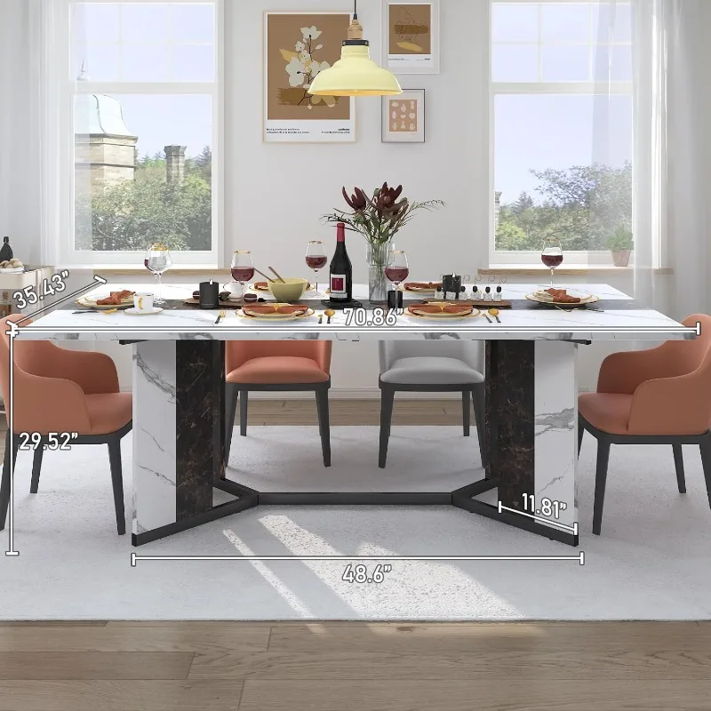 71In Large Rectangular White Dining Table for 4 5 6 7 8 People w/35 Marble-Color Wood Watrproof Tabletop,Adjustable Leg