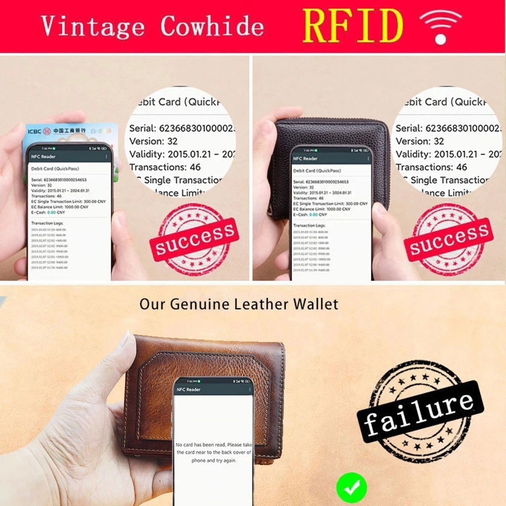 Vintage 100% Genuine Leather Men\'s Wallet RFID Blocking Trifold Short Multi Function Money Clip Large Capacity Zipper Coin Purse