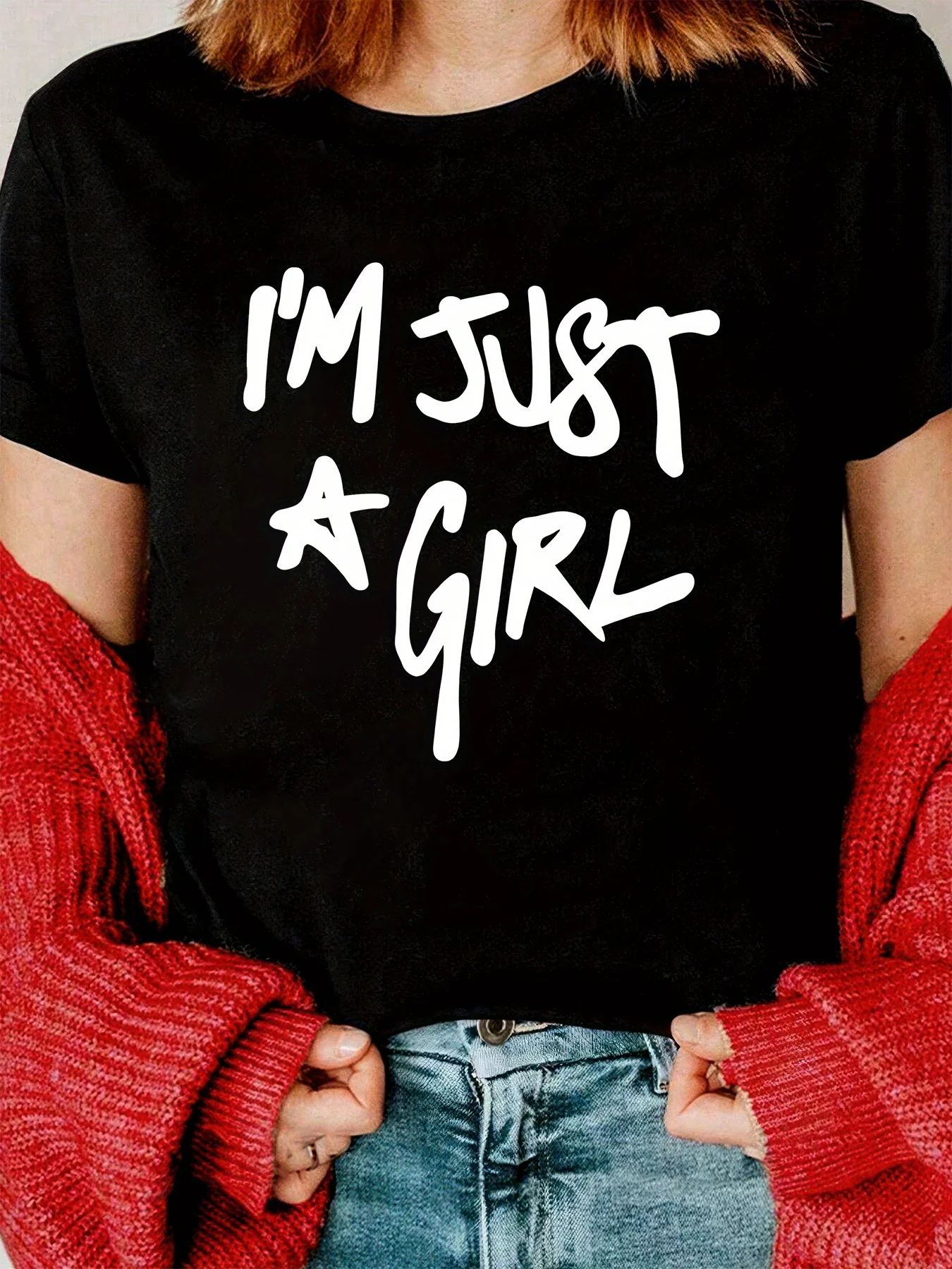 I'm Just Girl Print T-shirt, Short Sleeve Crew Neck Casual Top for Summer & Spring, Women'S Clothing