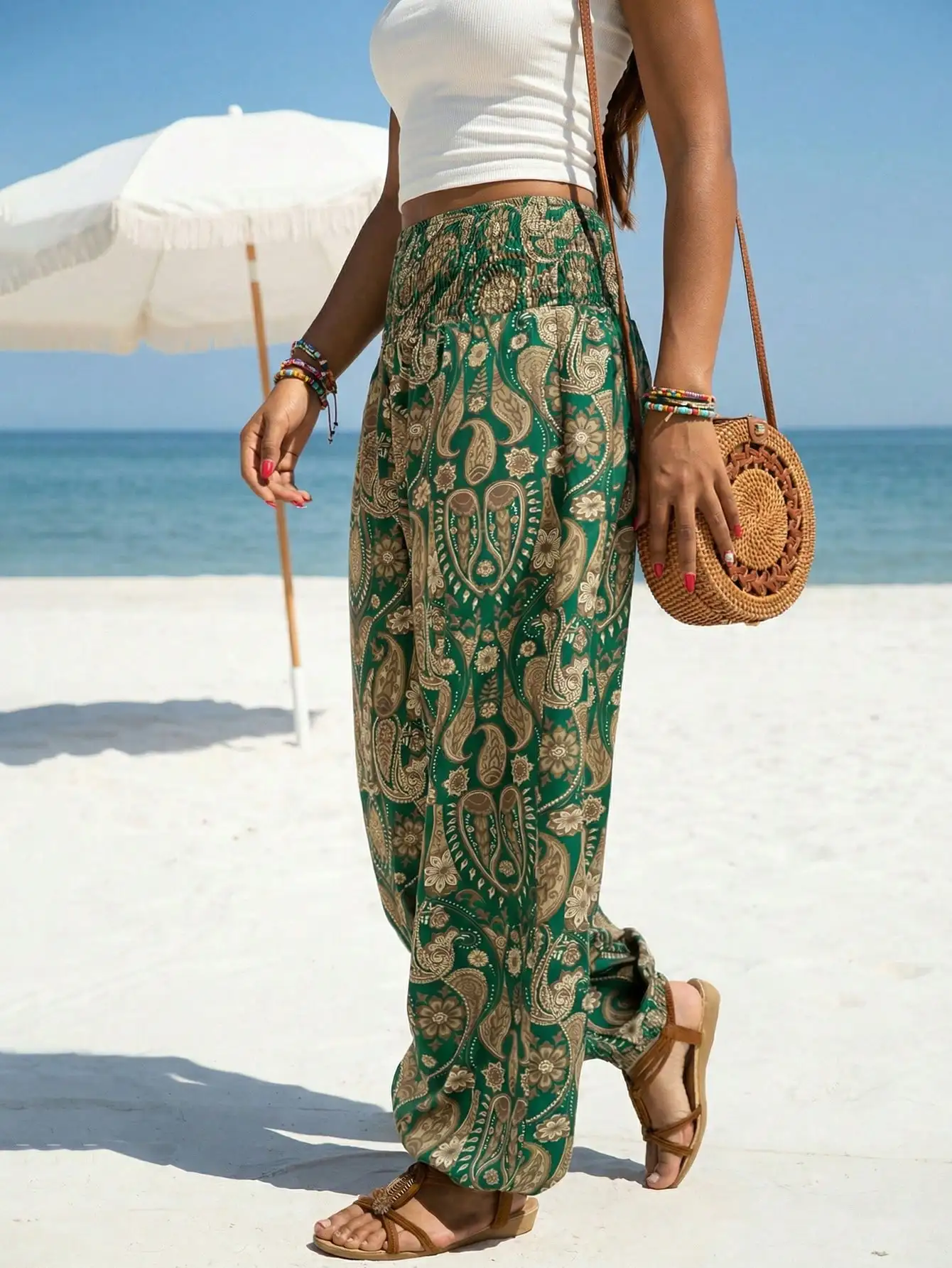 

Women's Dressy Capris with Green Paisley Print Smocked Waist Wide Leg for Bohemian Beach Casual Wear