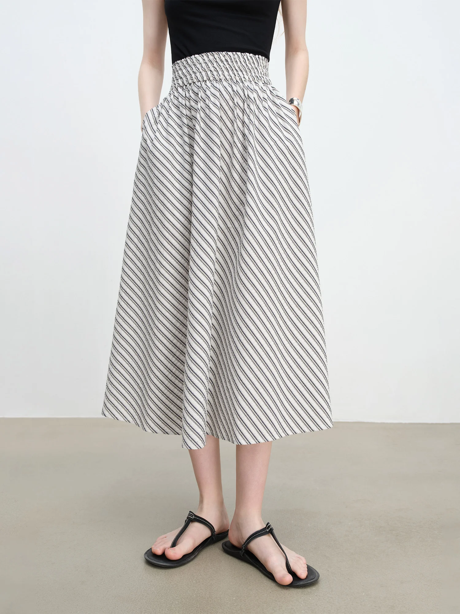 ZIQIAO Retro Striped Long Skirt 2025 Summer New Style Bias Cut High Waist Loose Korean Style Midi Skirt 25ZQ92349