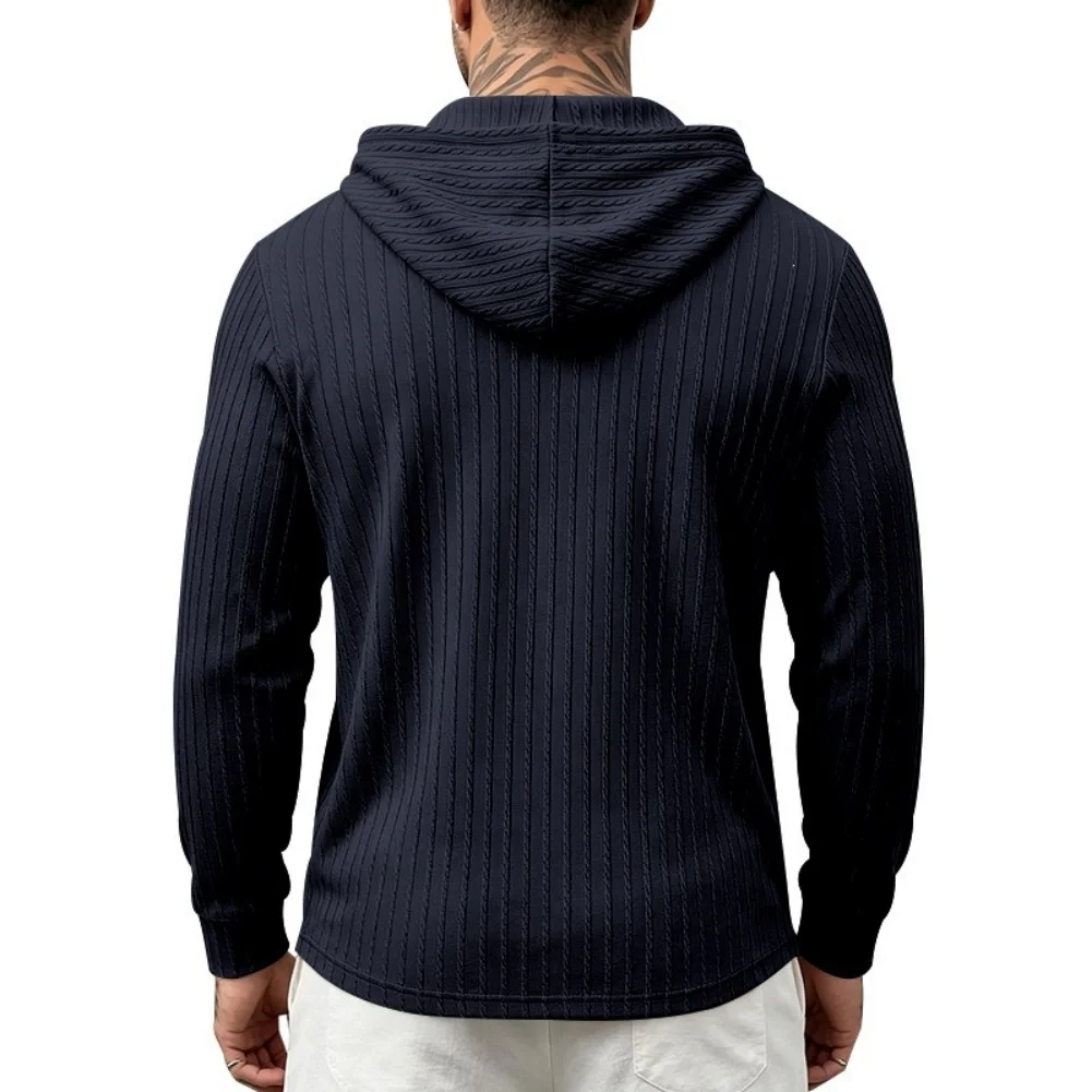 Solid Color Long Sleeve Hooded Sweatshirt for Men Featuring Jacquard Weave Half Placket Closure and Regular Fit