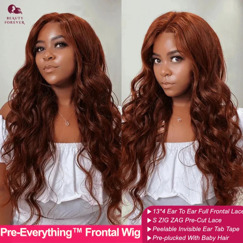 

Pre-Everything™ Glueless Preplucked Frontal Human Wigs Body Wave Lace Front Wig 33B Auburn Brown HD Lace Front Wig Wear and Go