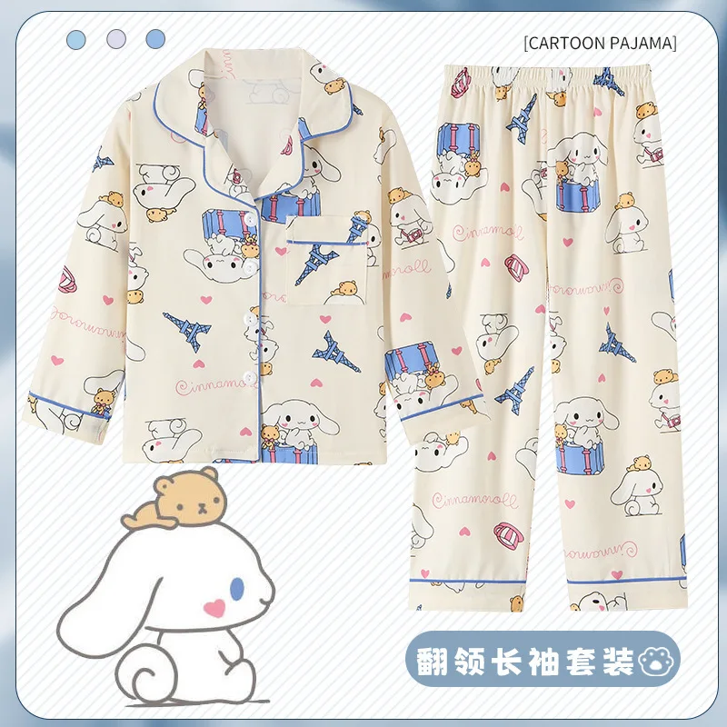 Sanrios Cinnamoroll Kuromi My Melody Children Pajamas Casual Spring Home Long Sleeve Flip Neck Cardigan Kid Girl Nightwear Pants