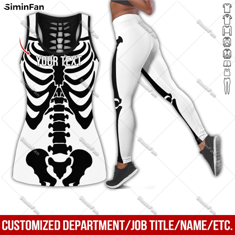 Custom Name Skeleton Dart 3D Printed Women Casual Pant Suit Tank Top Legging Female Summer Hollow Out Vest Lady Fitness Yoga Set