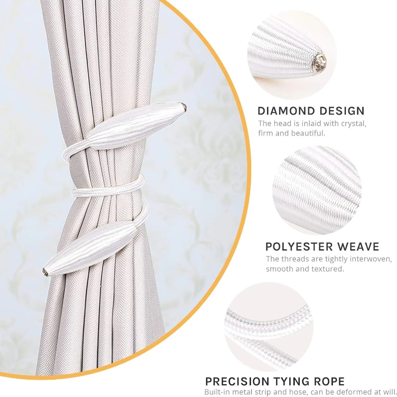 Bendable Curtain Tiebacks No Drill Freely Deformation Curtain Tie Easy Install Rope Strap Holdbacks with Crystal for Living Room