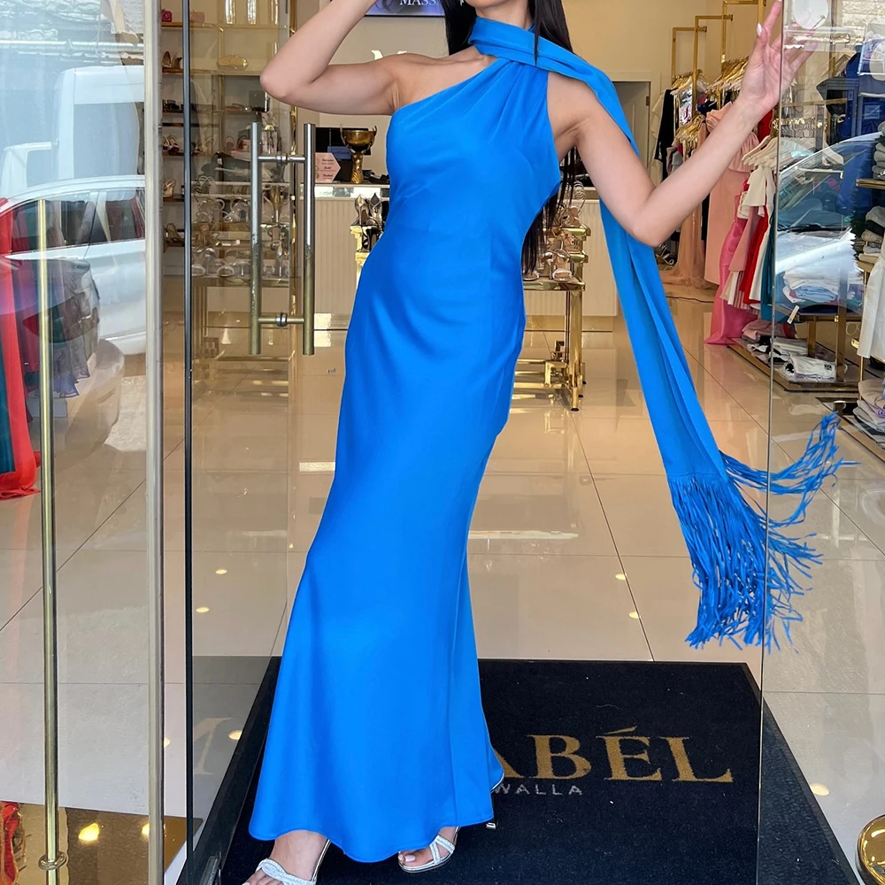 

Evening Dresses Halter Jersey Sleeveless Straight Classic Tassel Pleats Solid Azure Color Floor Length Saudi Arabia 2024