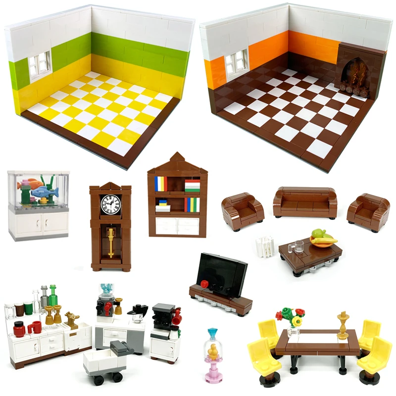 Compatible With LEGO MOC Home Decor Building Blocks Parts Kitchen Furniture Bricks Kits Toys Sofa TV Bathroom Living Room