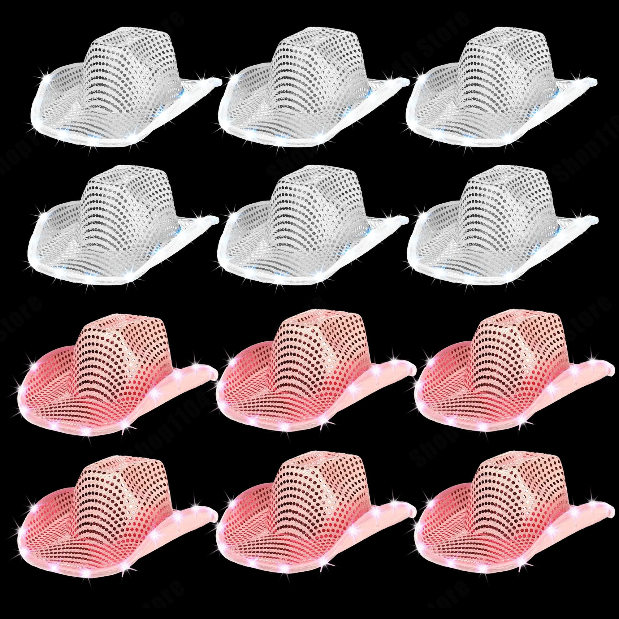 6-20Pcs Light Up Cowboy Hats for Wedding Sequins LED Cowboy Hats for Women Flashing Cowboy Hat Bulk Bachelorette Party Favors image 3
