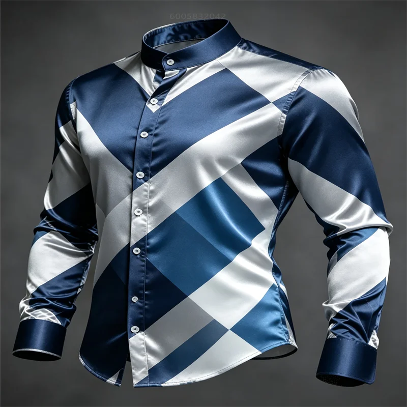 Fashion Navy White Geometric Plaid Men Satin Shirt Long Sleeve Mandarin Collar Male Wedding Banquet Party Formal Dress Tops