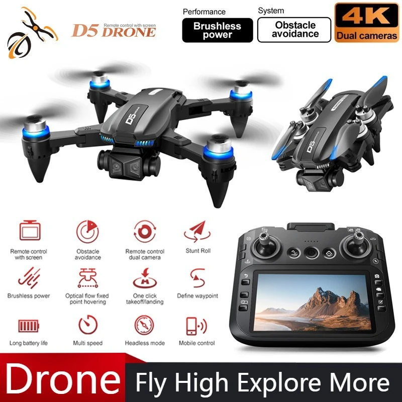 

D5 Drone 90°ESC 4K Camera with Screen Remote Control Professional Brushless Motor 360° Obstacle Avoidance Foldable Quadcopter RC