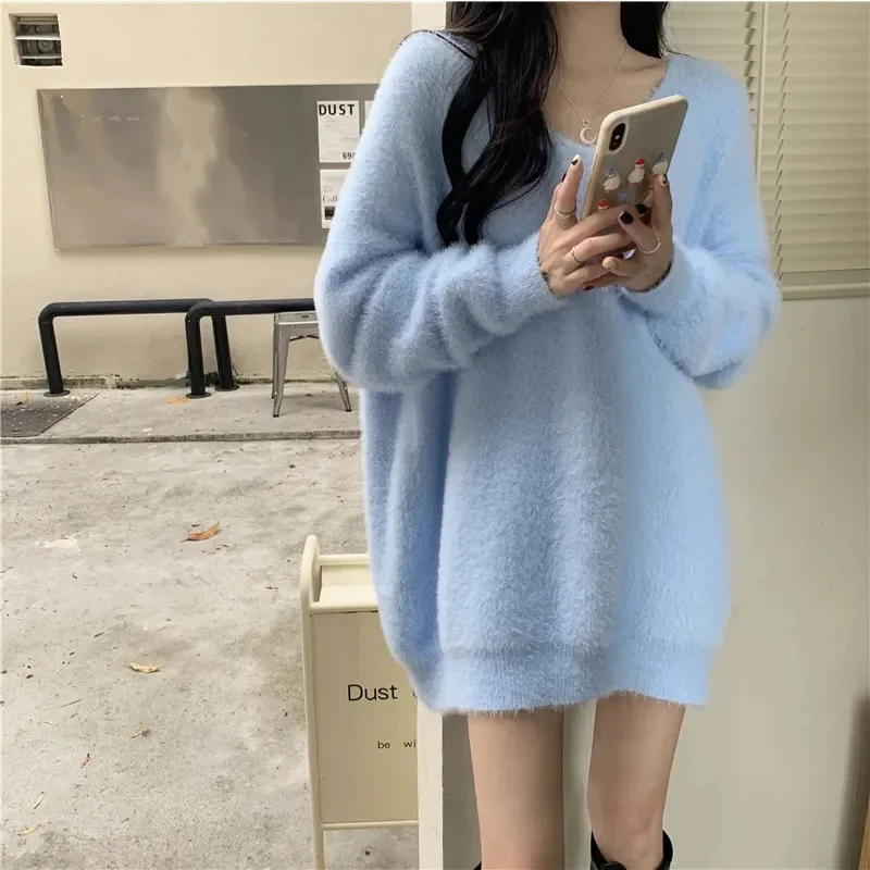 Mid to Long Length Sweater for Women Imitating Mink fur Simple Lazy Style Worn Outside Soft Sticky Knitted for Autumn and Winter