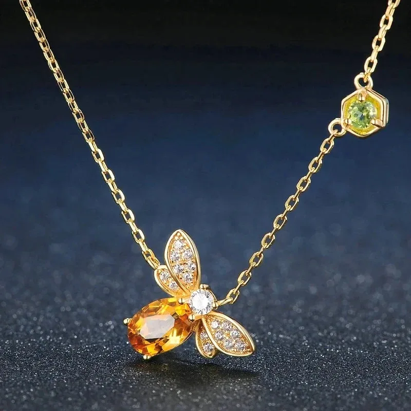 YISON Bee 925 Sterling Silver Women's Necklace Natural Citrine Gemstone Necklaces 14K Gold Plated Chain Pendant Jewelry Gift