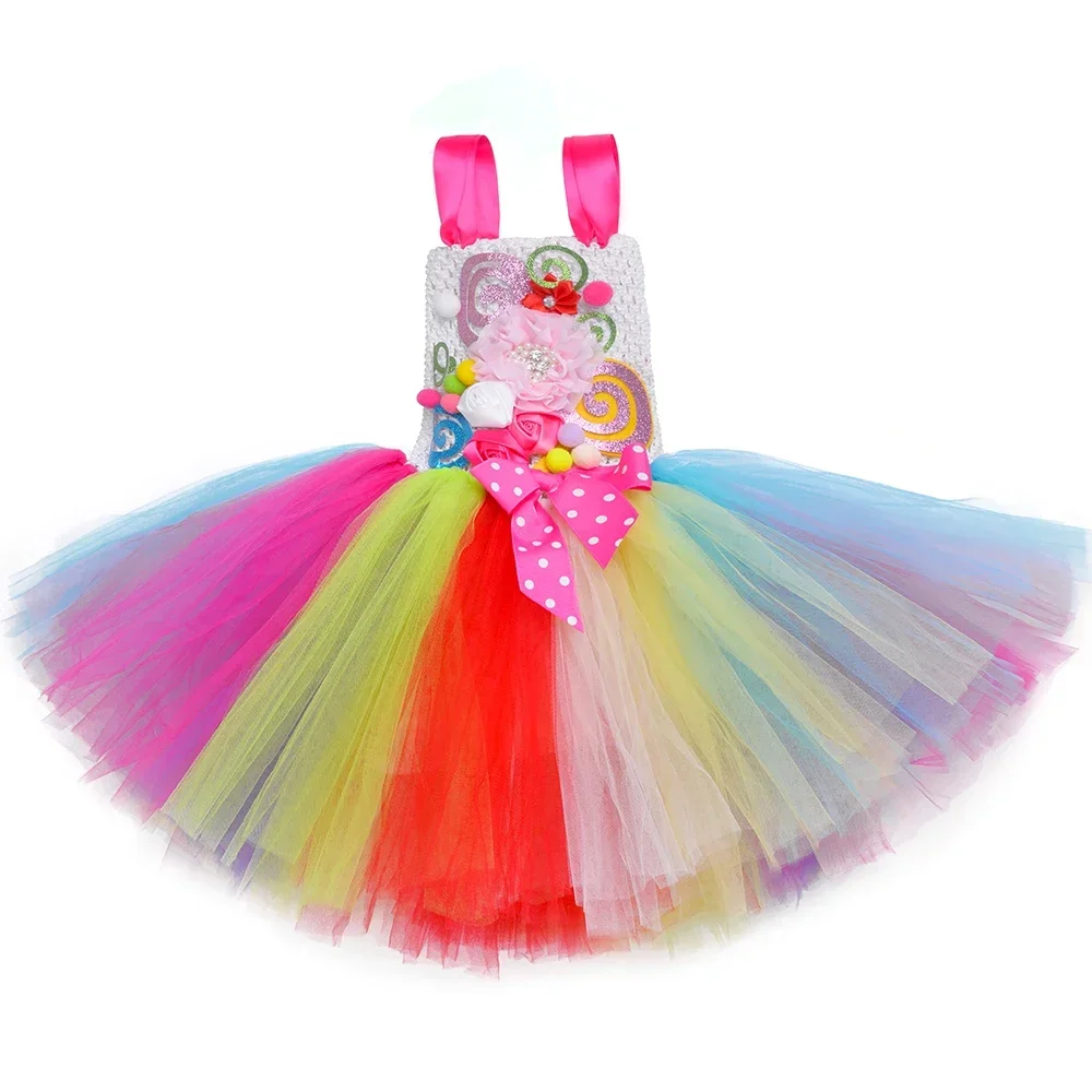 Sweet Rainbow Candy TutuสำหรับสาวฮาโลวีนวันเกิดPartyเสื้อผ้าเด็กดอกไม้Bow Lollipop Candyเครื่องแต่งกายHeadband