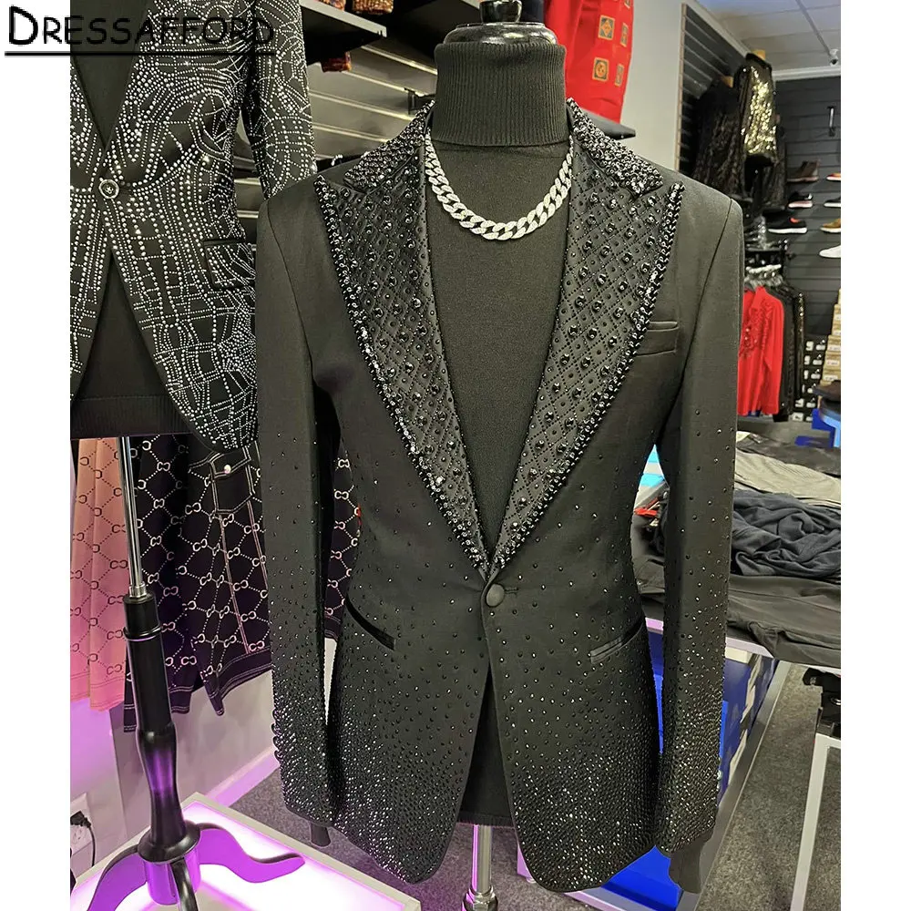 

Black Groom Wear Handmade Crystal Formal Men Suits 2 Piece Jacket And Pants Sets Smart Casual Business Blazer