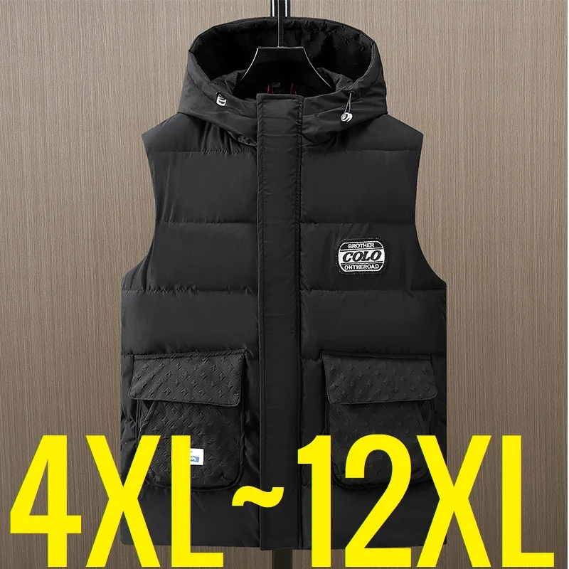 2024 Large Size Mens Vest Hooded Sleeveless Jacket Waistcoat Men Warm Thick Big 12XL Padded Demi-season Work Black Pocket Autumn