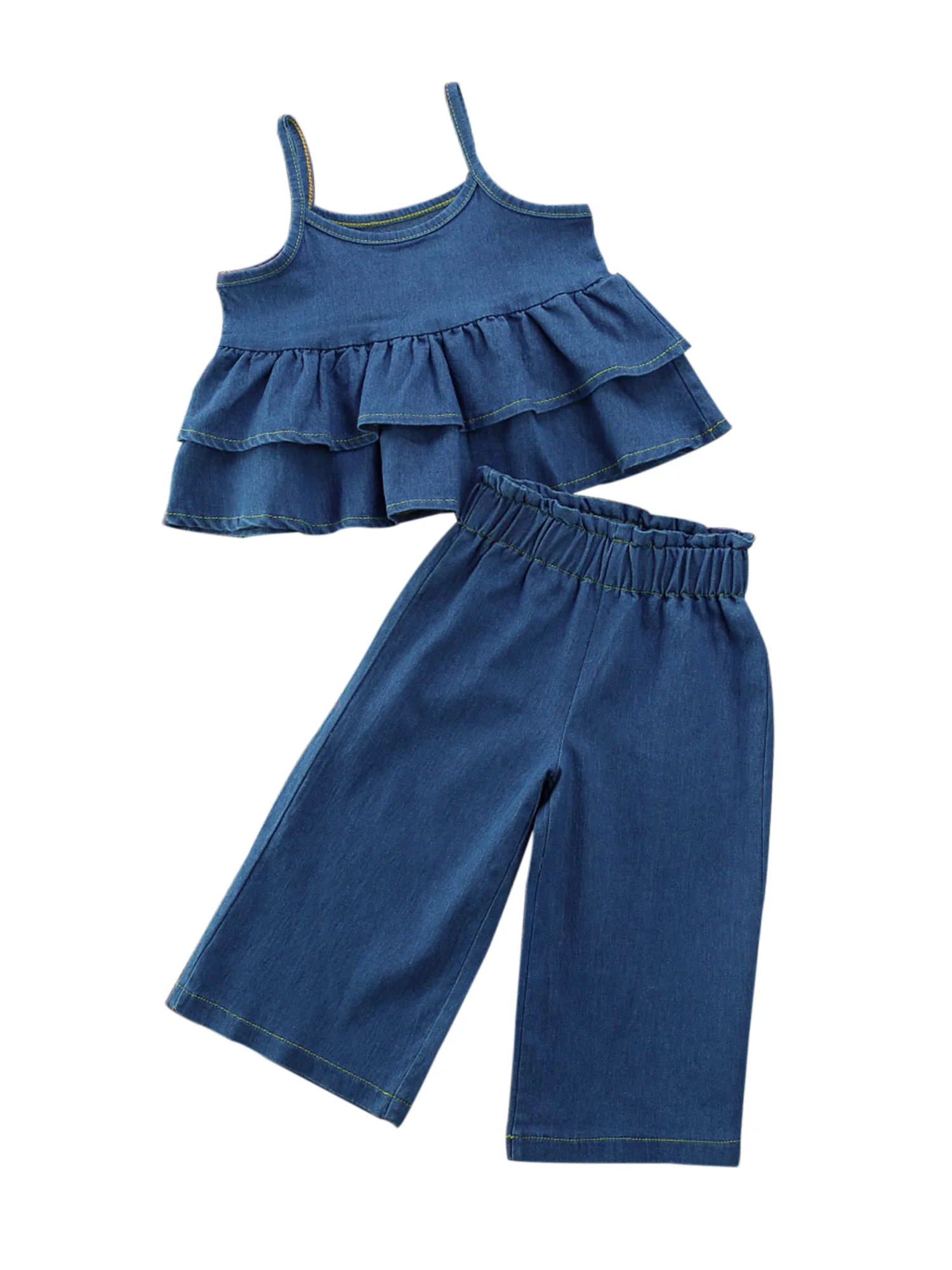 

Adorable Toddler Girl Summer Outfit Set Sleeveless Ruffled Camisole Top with High Waist Wide Leg Denim Pants in Blue