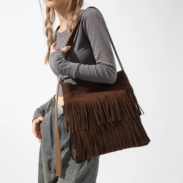 

Women's Large Capacity Shoulder Bag Winter Solid Color Sling Satchel Bag Ladies Tassel Messenger Bag Vintage Crossbody Bag