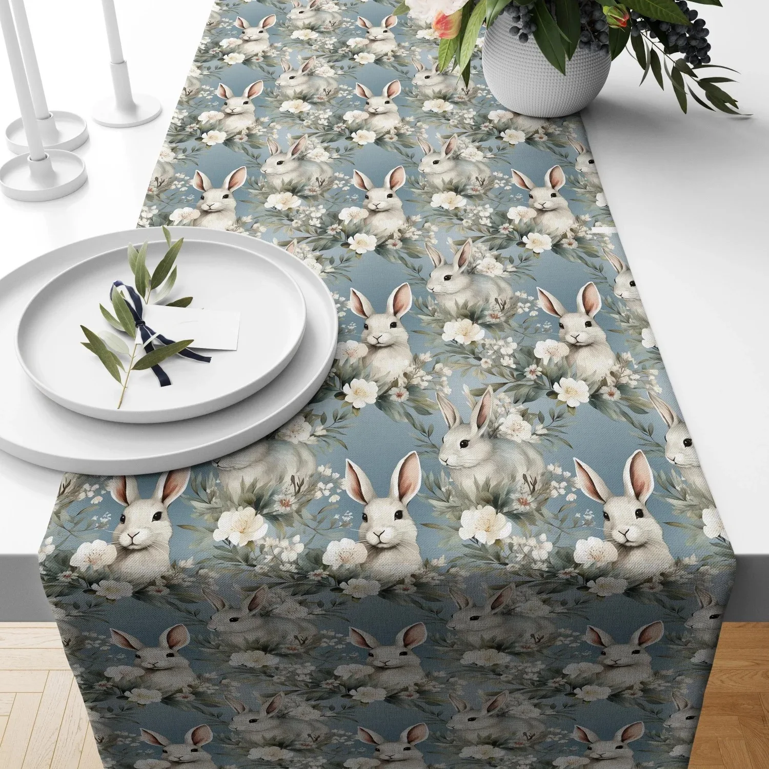 Rabbit Wildflower Printed Table Runner Linen Texture For Spring Easter Cozy Home Table Decor Layout 