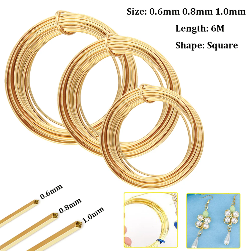 Length 6 meters Square Coppers Wire Diameter 0.6mm,0.8mm,1.0mm Half Hard Yellow Brass Wire for Jewelry Beading Craft Work