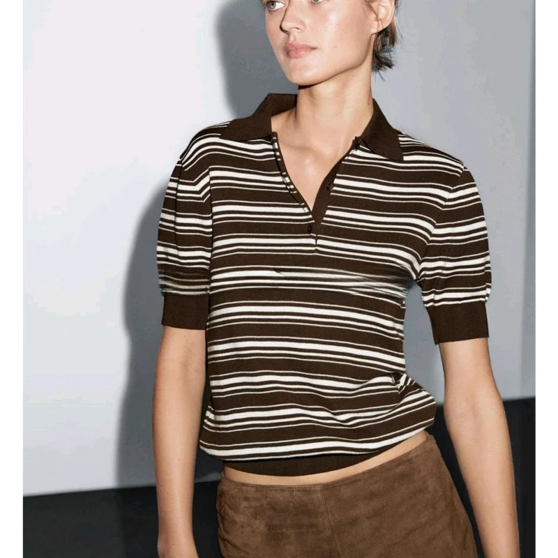 

Naval Sle Striped Cotton ort Sve irt Women's T-irt Top Retro Autumn New Arrival Straight Cut Polyester Fiber