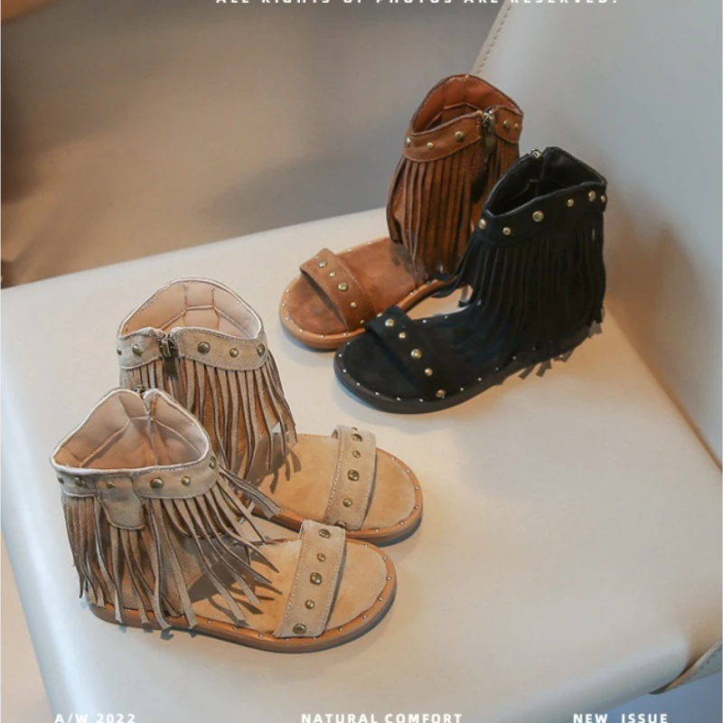 Sandals for Girl Summer New Fashion Strap Roman Sandals with Tassel Rivet Girl Shoes Personalized Kid Cool Boot Sandalias Mujer