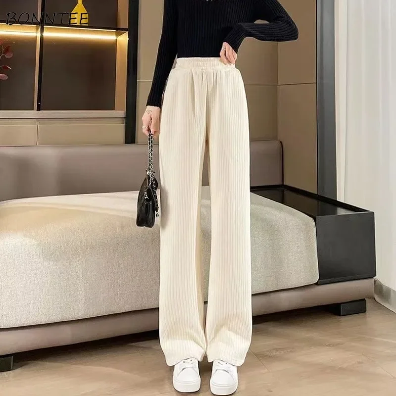 Corduroy High Waist Casual Pants Women Baggy Wide Leg Trousers Plus Velvet Thicker Solid All-match Drawstring Warm Streetwear