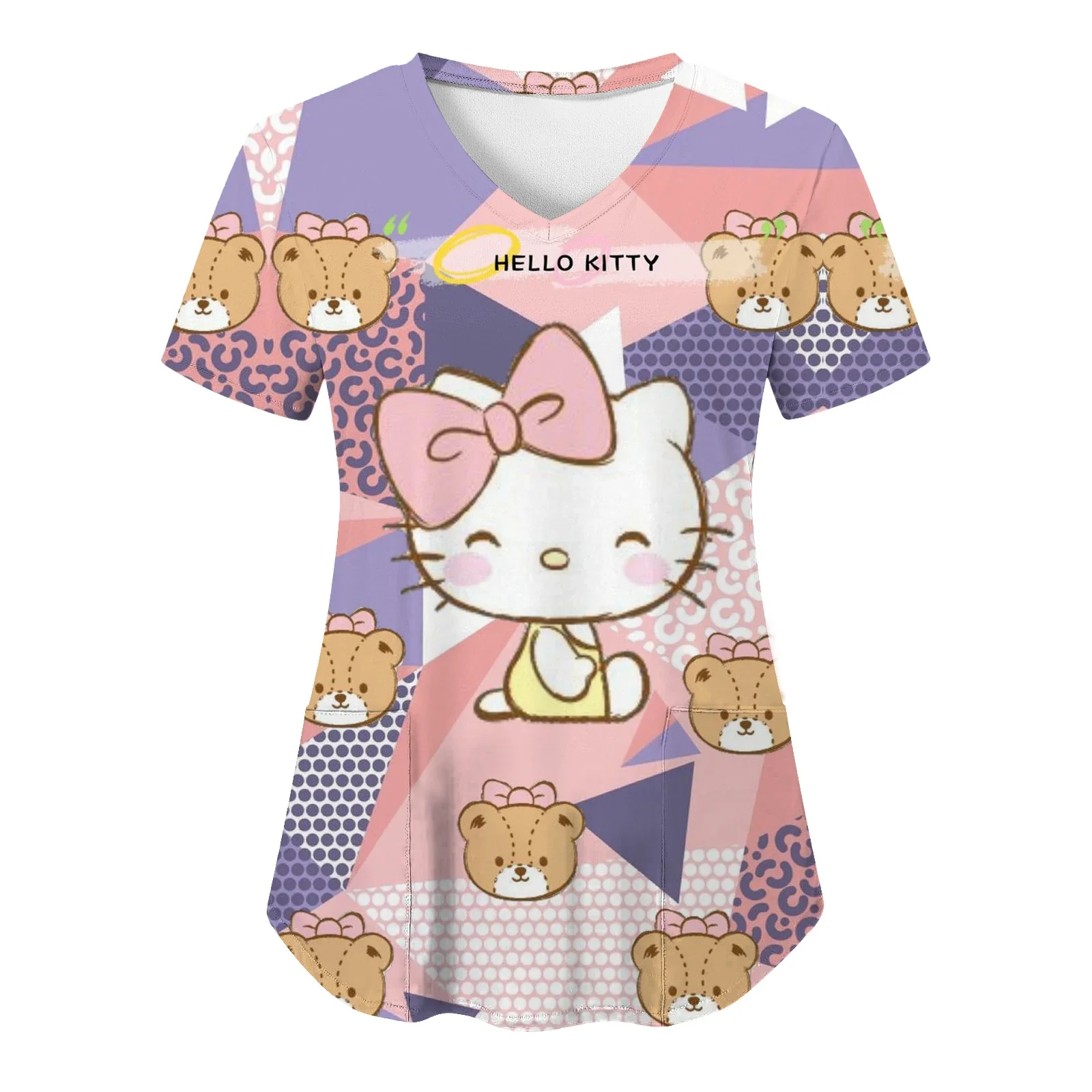 Kawaii Nurse Uniform Scrubs Tops Womens Cute Hello Kitty Print t-shirt Pocket Overalls Uniforms Medical Nursing Blouse