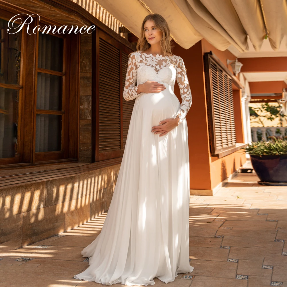 Elegancka sukienka ciążowa w kształcie litery A z koronkowymi plisami, dekolt okrągły, długie rękawy, odkryte plecy, bez rękawów, Vestidos De Novia, możliwość personalizacji.