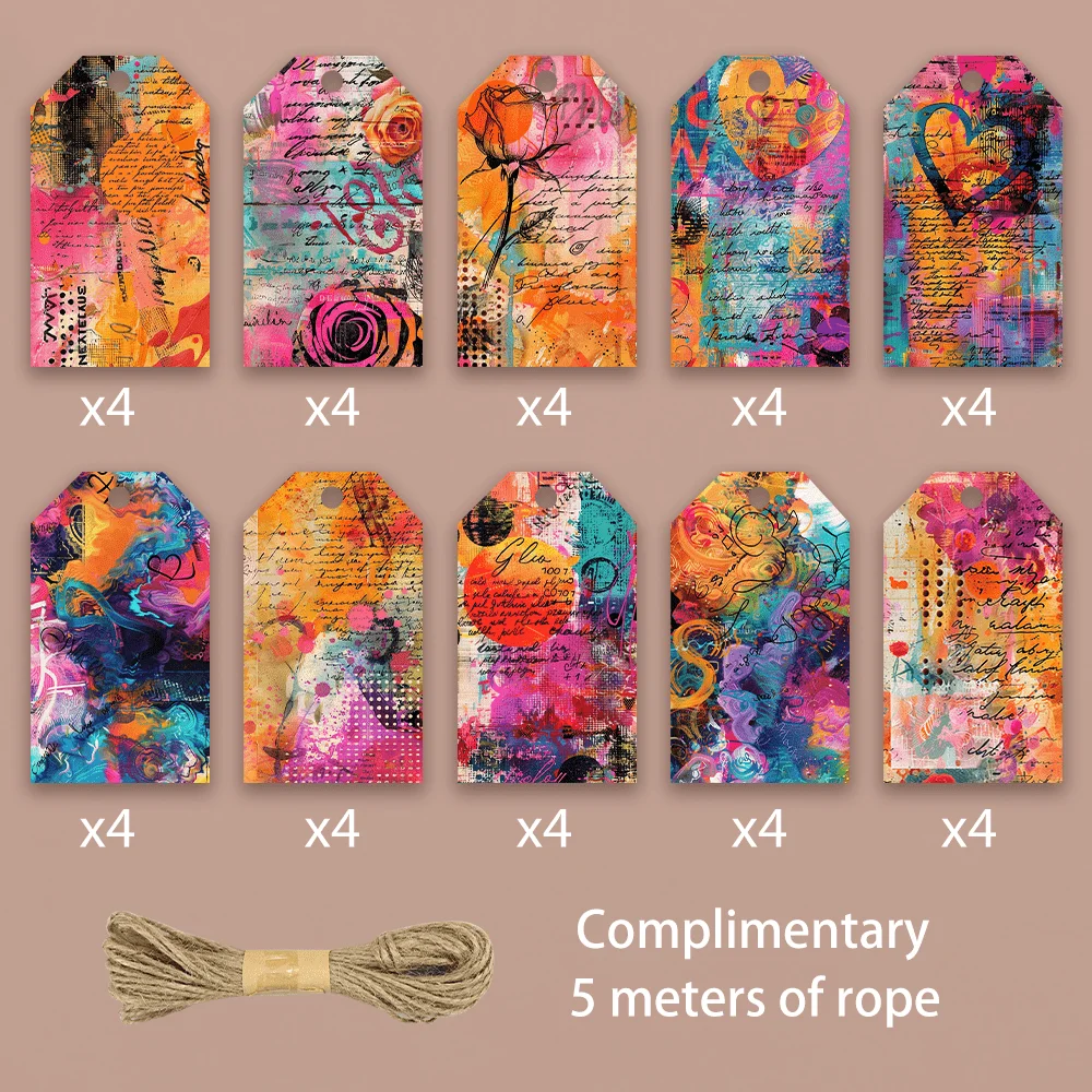 40pcs, Gift Tags, Abstract Art Collage Design, Hanging Paper Labels for Gift Wrapping, Holiday Party Decor with String