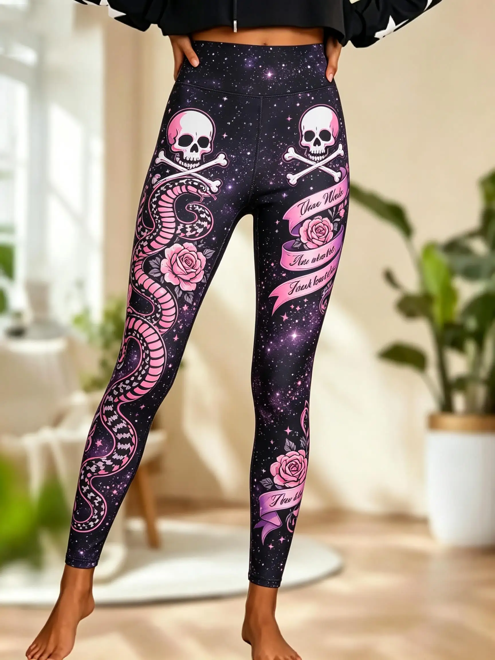 Women Halloween Fleece Mid‑Rise Leggings Galaxy Skull Snake Blue Rose Ribbon Full Print Stretch Slim Pants
