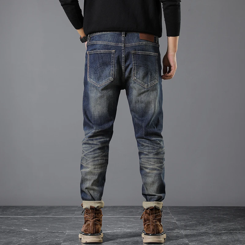 Męskie jeansy ze ściętym denimem, slim fit, prosta nogawka, 99% bawełna, luźny krój w stylu retro, jesień 2025. |   Wszechstronne spodnie w stylu vintage