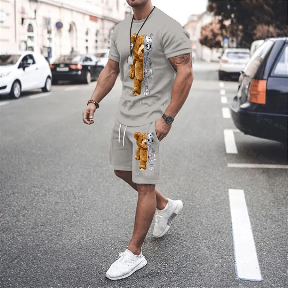 Cute Bear Men\'s O-Neck Casual T-Shirt Drawstring Shorts Sports All-Match Fitness Street Age-Reducing Style Plus Size Suit