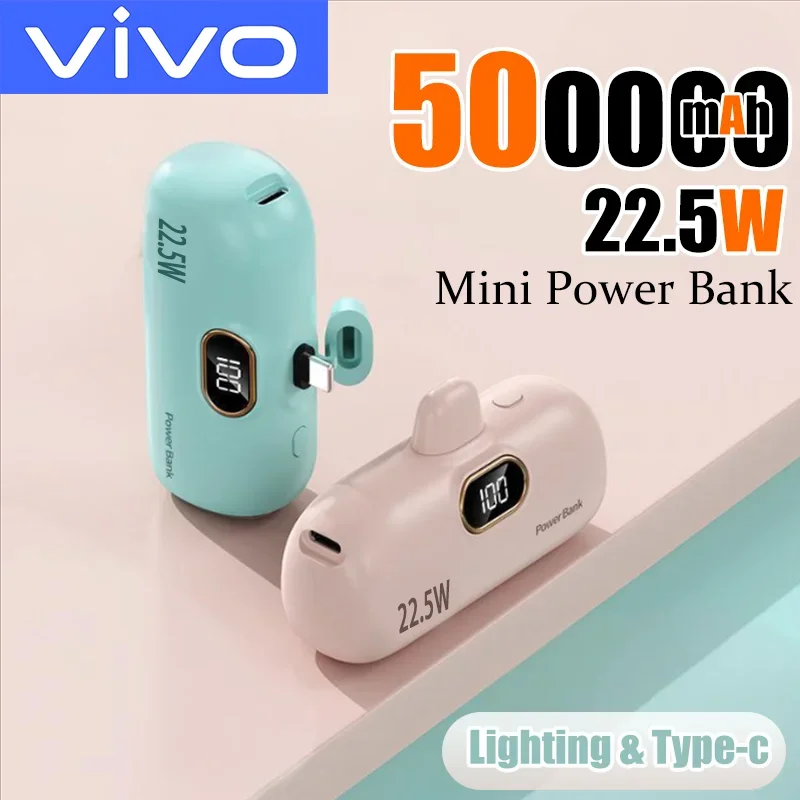 

Портативное зарядное устройство VIVO 500000 мАч, мини-пауэрбанк с быстрой зарядкой 22.5 Вт, Type-C, для iPhone, Huawei, аварийный внешний аккумулятор
