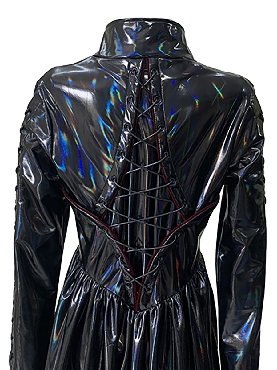 Trench-Coat noir holographique pour femme, Long, brillant, réfléchissant, fin, doux, fermeture éclair, Style Punk, vêtements européens, printemps automne, 2025