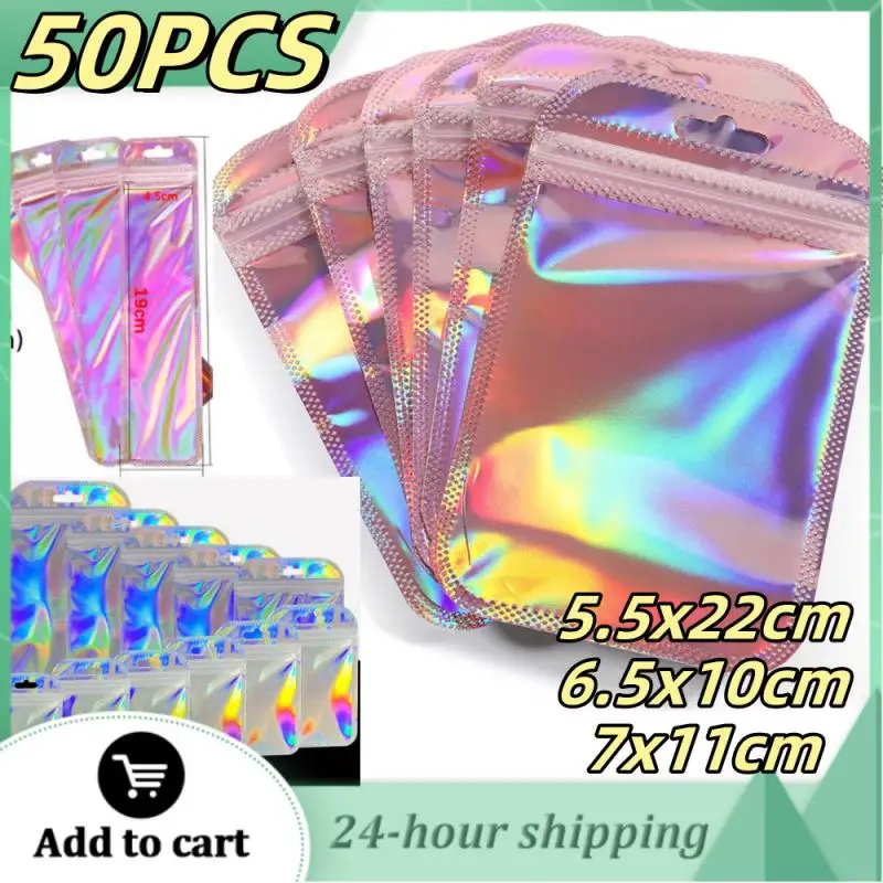 50pcs/lot Pink White Laser Ziplock Bags Reusable Plastic Transparent Bags For Jewelry Packaging Cosmetic Retail Display Bags