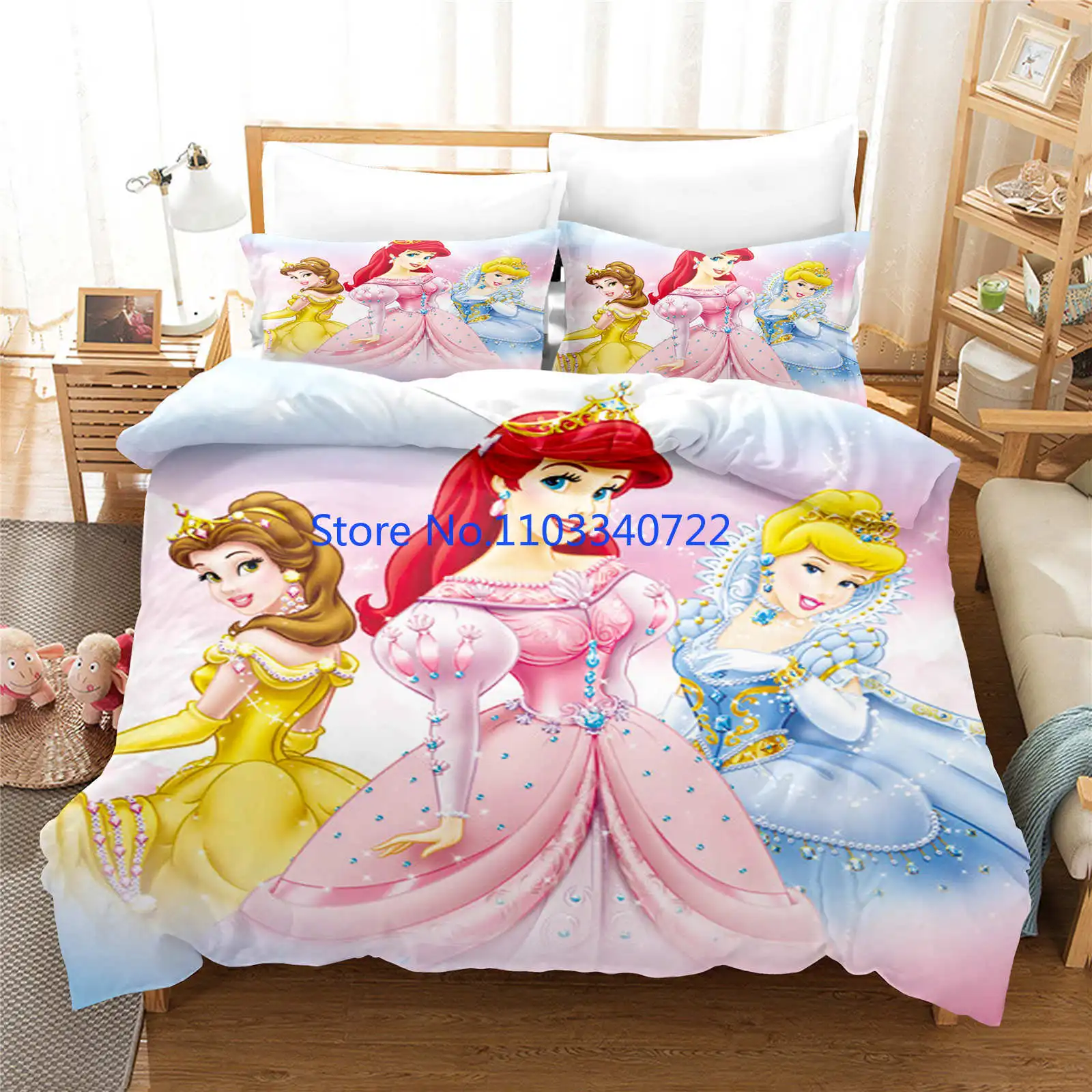 Anime Princess Ariel Belle Kids Duvet Cover Set 3D Print Comforter Cover Bedclothes for Boy Girl Bedding Sets Bedroom Decor