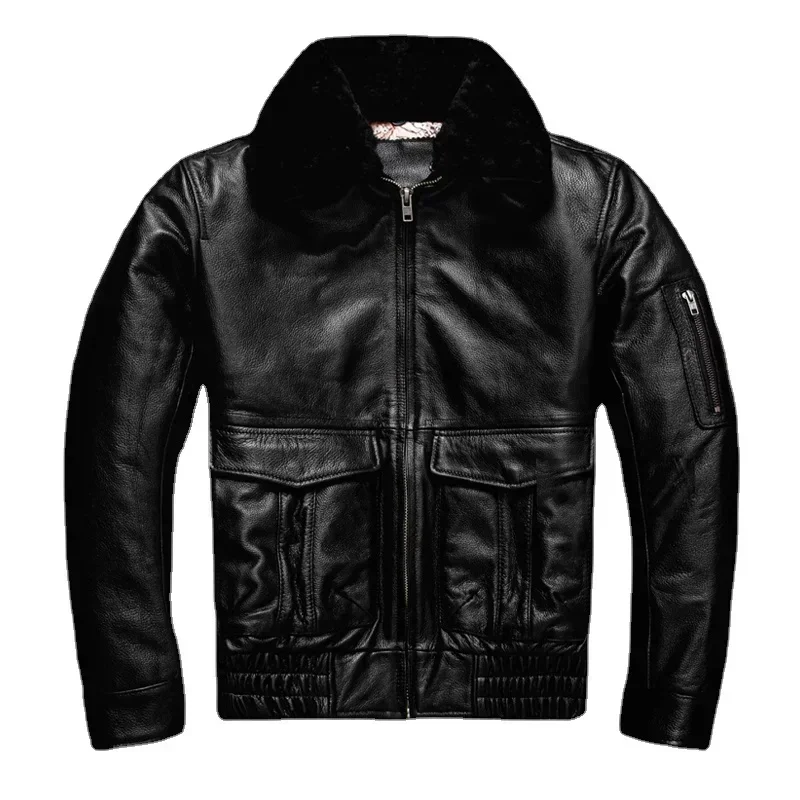 Classic Flight Style Air Force Men Genuine Leather Jacket Black Plus Size Cowhide Aviation Coat Warm Cotton Clothes