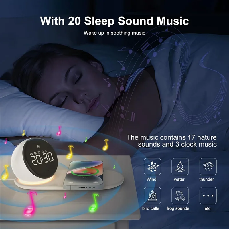A99E-Digital Alarm Clock Wireless Charger 20 White Noise Sounds, 3 Level Dimmable Touch Table Lamp Withsnooze
