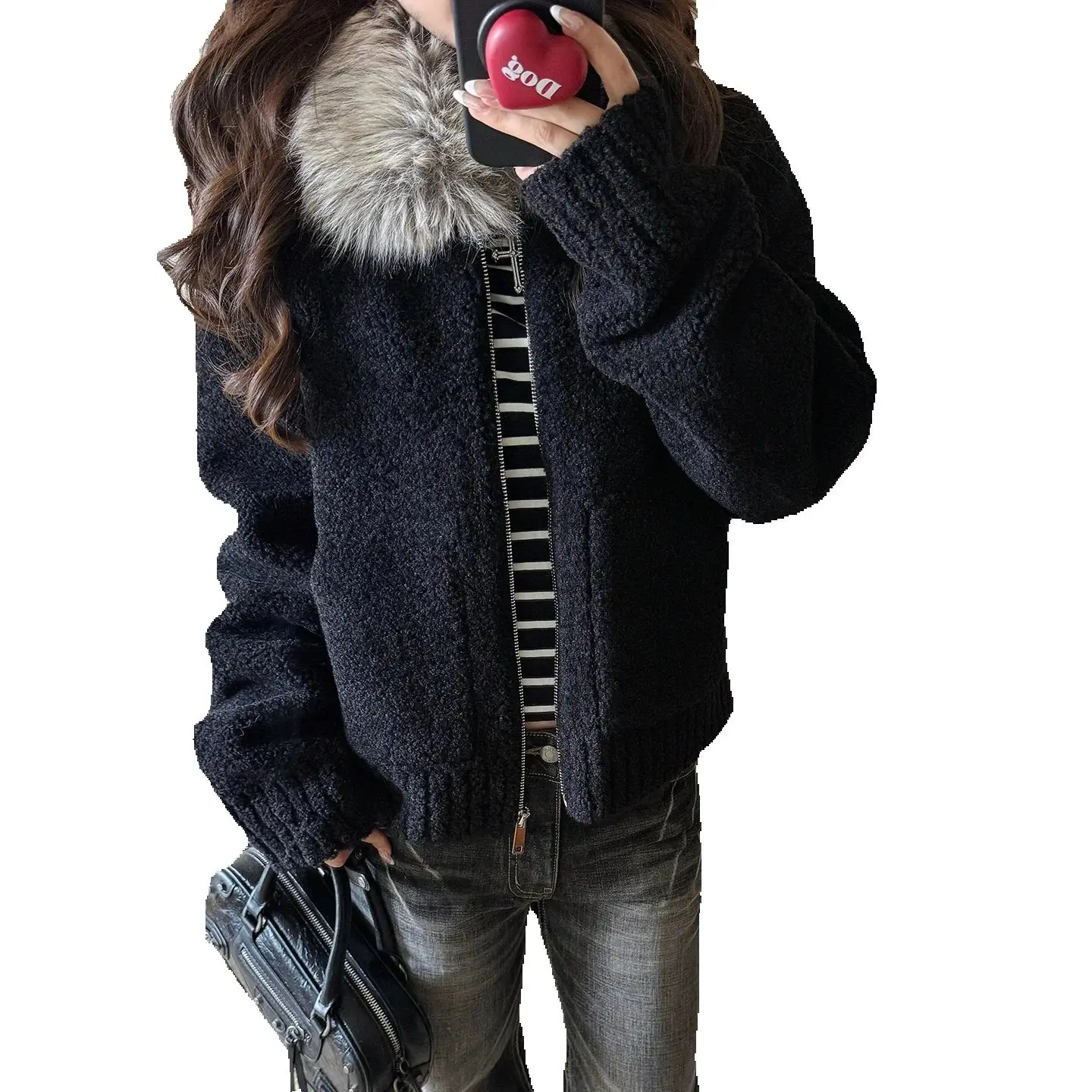 A new style of women's autumn and winter coat with a fixed dyed fur collar and small particle lambskin, featuring thickened blac