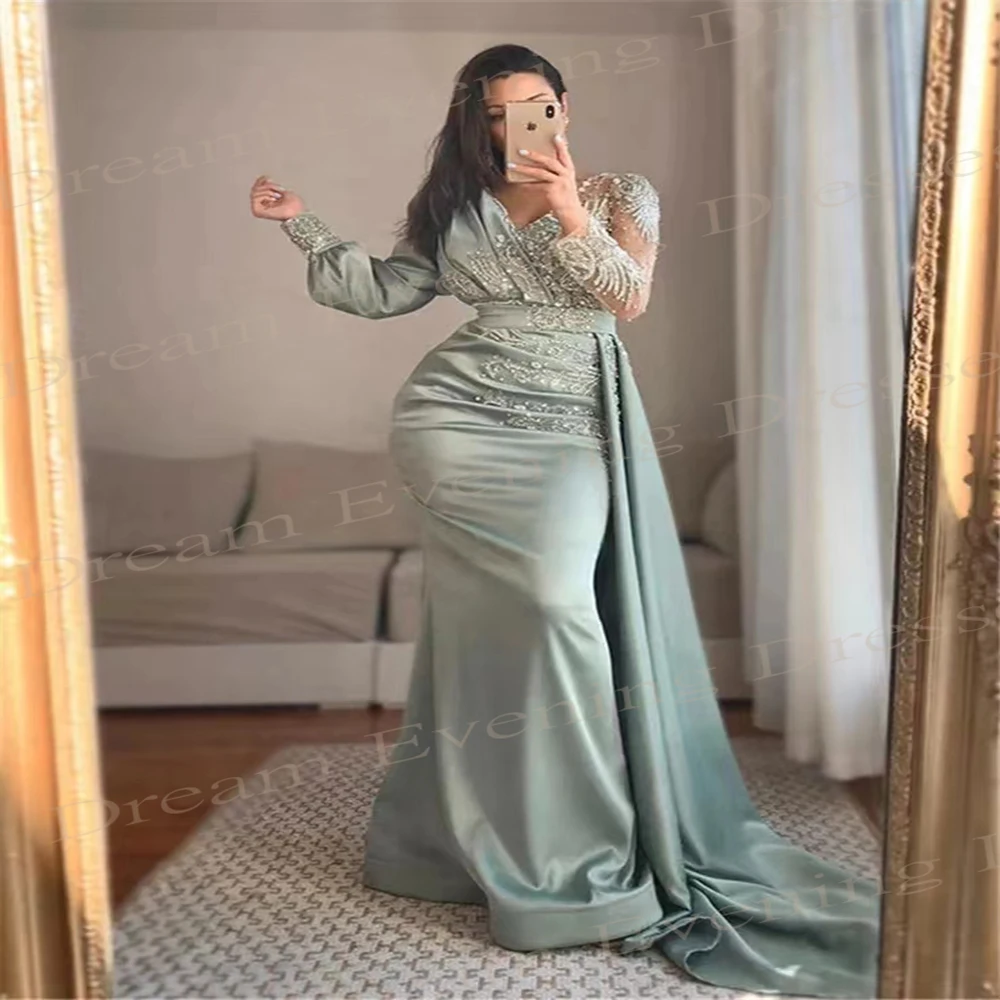 Elegant Satin V Neck Mermaid Modern Evening Dresses Lace Applique Beads Prom Gowns Full Sleeves Saudi Arabia Vestidos De Fiesta