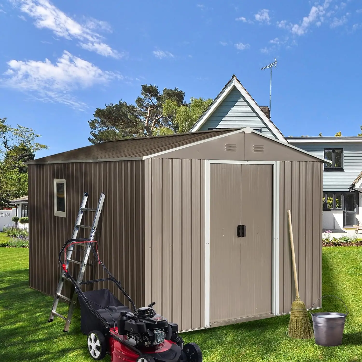 10×8FT Outdoor Metal Storage Shed Large Garden Sheds with Floor Base & Window Sliding Doors and Padlock