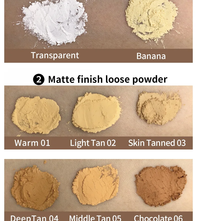 Trucco Cipria fissante sciolta Cosmetici di etichetta privata Polvere di finitura opaca all'ingrosso impermeabile per pelle scura con soffio