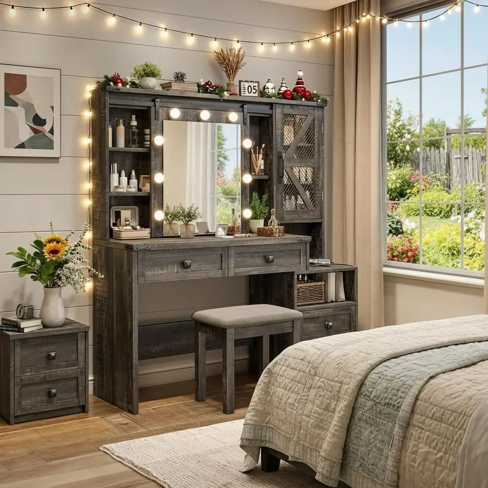

Makeup Vanity Desk with Sliding HD Mirror, 4 Drawers, RGB Cabinet, and Storage Organizer in Rustic Oak Style