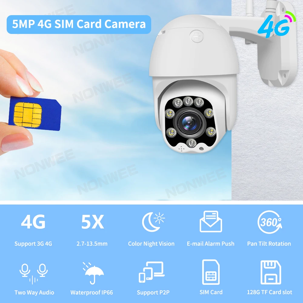 5MP IP Camera 3G 4G SIM GSM Video Surveillance Speed Dome Outdoor Security Protection CCTV PTZ 1080P Two Way Audio ONVIF CamHi